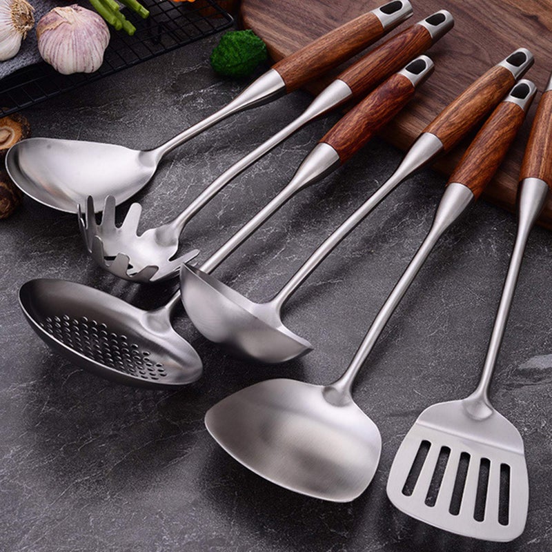 GXONE Cooking Utensils Set 7pcs 304 Stainless Steel Kitchen Utensils Set with Holder Heat Resistant Wooden Handle Kitchen Tools - Image 3